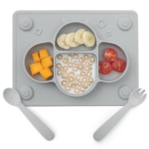 ROCCED Suction Plates for Baby Placemat Spoon Fork Set for Toddlers, Silicone Baby Plates with Suction Baby Dishes for Kids Plates-grey (Gray)