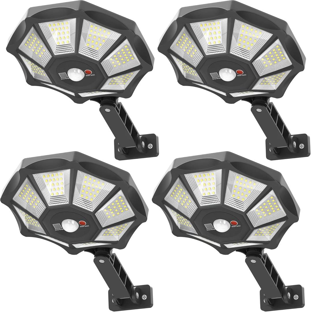 Solar Lights Outdoor, 168LED 6500K Flood Light Dusk to Dawn, 8 Sides Solar Outdoor Lights with Motion Sensor, IP66 Waterproof Solar Street Lights Outdoor for Yard, Pools(4 Pack)