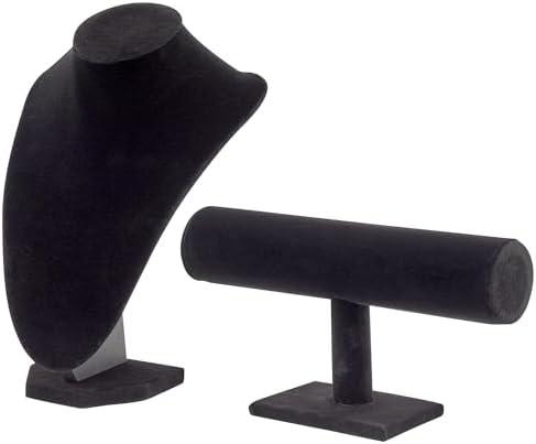 Juvale 2-Piece Black Velvet Necklace Display Stand & Bust Set - Black Modern Freestanding - Bracelet Holder Display & Protective Velvet Finish