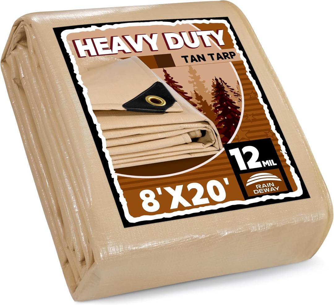 RAINDEWAY 8x20 Feet Heavy Duty Tarp,12 Mil Tan Waterproof Poly Tarp Cover, UV Resistant, Weatherproof, Durable, Multipurpose Tarps with Grommets and Reinforced Edges