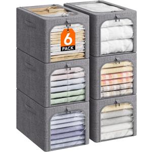 Lifewit 6 Pack Clothes Storage Bins with Metal Frame, Foldable Clothing Storage Bins with Lids, 40L Stackable Storage Box Storage Bags Fabric Bins Organizer with Clear Window Zippers Sturdy Handles