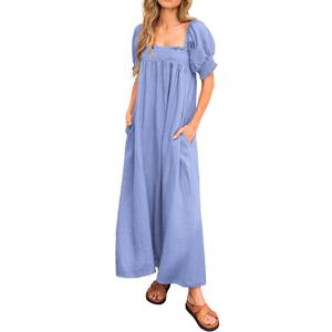KIRUNDO Women 2025 Summer Maxi Dress Casual Loose Puff Sleeve Square Neck Maternity Flowy Long Beach Dresses with Pockets (Small, Blue)