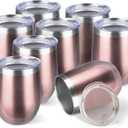 StarSpeed 12oz/8 Pack Wine Tumbler with lid, Stainless Steel Travel Mugs Stemless Double Wall Insulated Coffee Cup, Insulated Wine Glasses Travel Tumbler for Cold & Hot Drinks(Rose Gold, 8)