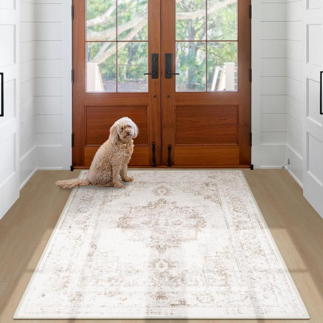 Area Rug 3x5 Vintage Rug: Washable Indoor Medallion Rug Low Pile Distressed Floor Carpet Retro Accent Doormat for Bedroom Bathroom Hallway Kitchen Home Office(Beige, 3'x5')
