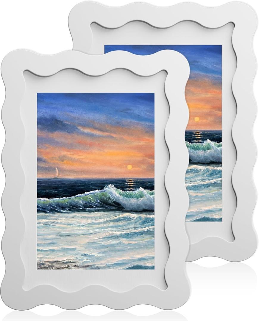 4x6 Wavy Picture Frame With Mat For 3.5x5, Wavy Edge Wooden Picture Frame with Real Glass - Wall Mount and Tabletop Display, White, 2 Pack