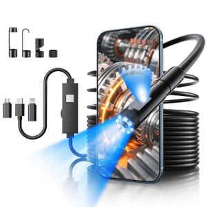 Endoscope Camera with Light, 1920P HD Bore Scope Borescope with 8 Lights, Waterproof 16.4FT Semi-Rigid Cord for Pipe Inspection, Industrial Endoscope for Phones(Dual Lens)