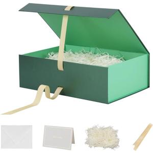 BoxSkivra Large Green Gift Box with Ribbon 1 Pack 13X9X4 Inch Large Gift Box with Lid Magnetic Closure Rectangle Collapsible Luxury Gift Boxes for Presents Shredded Paper Filler & Card