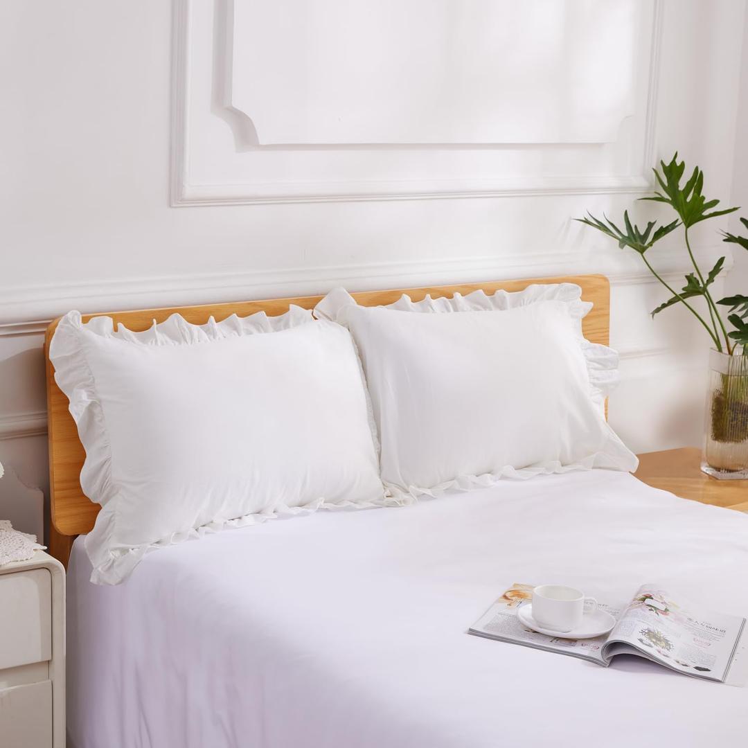 100% Washed Cotton Ruffle Pillowcases Standard Size, 2 Pack 20" X 26" Pillow Shams, No Insert, Ultra Soft Cotton Pillow Cases,Decorative Farmhouse Bedding Pillow Covers, White