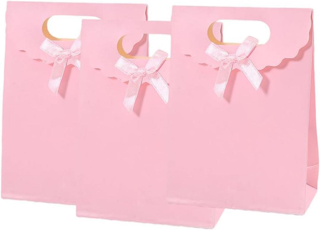 12pcs Pink Bow Gift Bags with HandlesPaper Flap Bags for Barbie Party Favors, Mothers Day, Weddings, Birthday Celebration, Baby ShowerGraduationValentine's Day8.265.72.36inch
