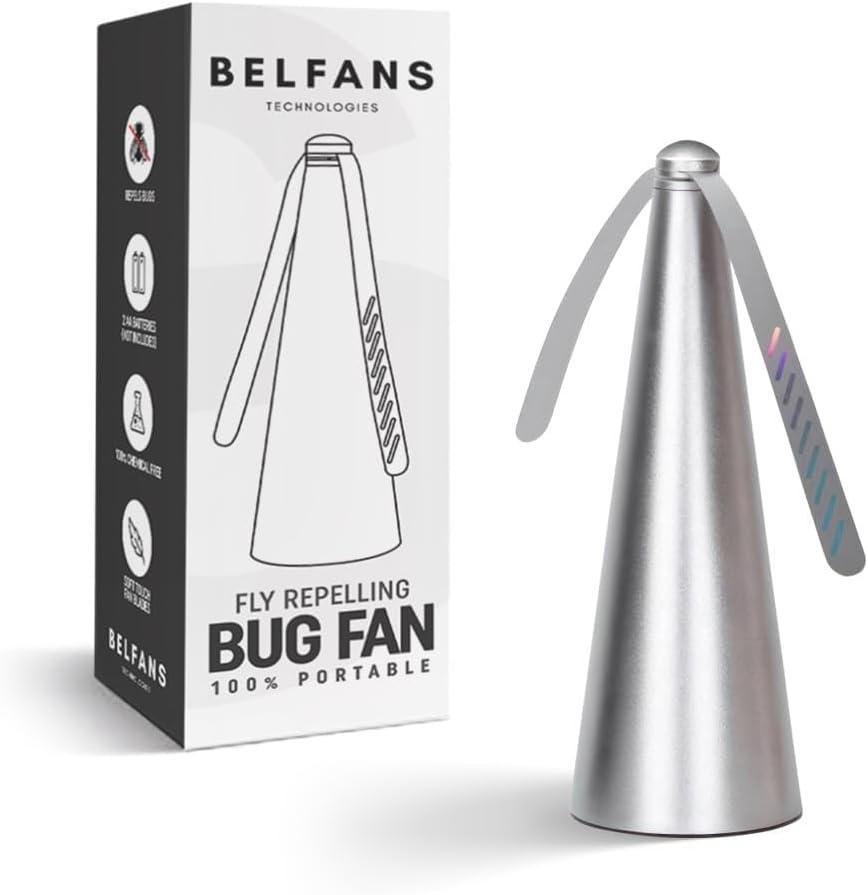 Belfans FlyRepellent Fan for Tables – Rechargable/USB Powered, Soundless Fly Swatter with Holographic Blades and Portable Fly Fan for Bees, Wasps & Outdoor Use (Silver Rechargeable)