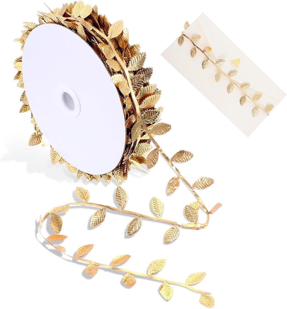 Gold Leaf Ribbon, 22 Yards Artificial Gold Leaves Trim Ribbon Garland for DIY Crafts Gift Wrapping Party Wedding Cake Home Baby Shower Hair Clothes Decorations