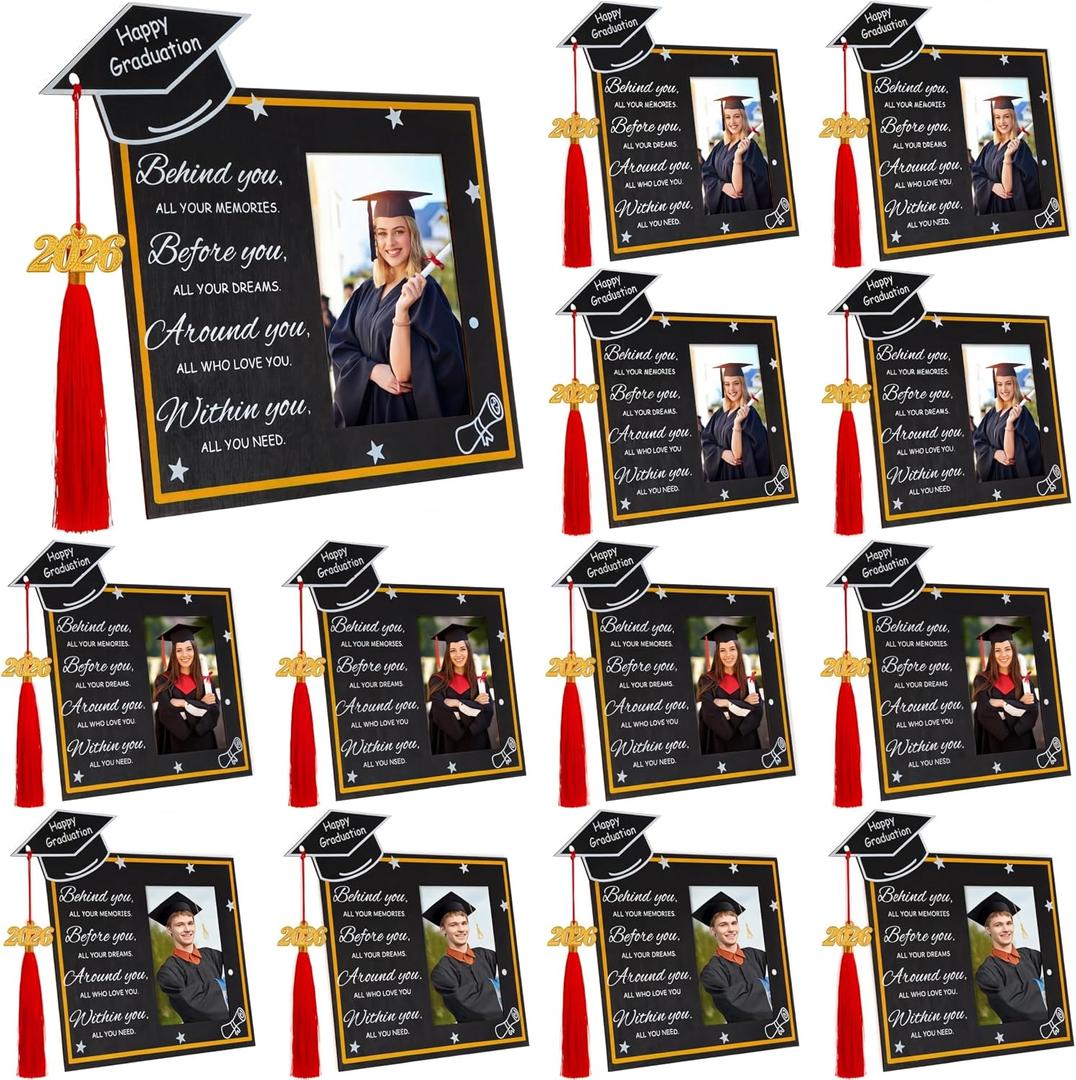VioraWhite 12 Pack 2026 Graduation Picture Frames with Red Tassel, 4" x 6" Class of 2026 Wooden Graduation Photo Frame Bulk Gifts for College High School Graduated Party Favor