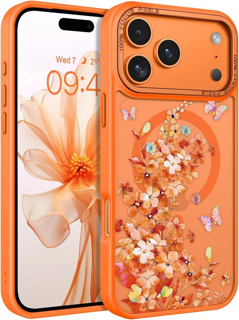 DOMAVER for iPhone 17 Pro Max Case, Magnetic Phone Case for iPhone 17 Pro Max [Compatible with MagSafe] Slim Fit Flowers Floral Design Shockproof Protective Bumper Women Girls Cover, Butterfly