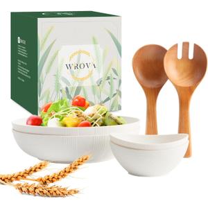 Large Serving Bowls Set 6 Pack- Wheat Straw Salad Bowls 65oz with Wood Salad Servers and 10oz Sauce Bowl- Unbreakable Salad Bowl with Serving Utensils for Party, Family- White