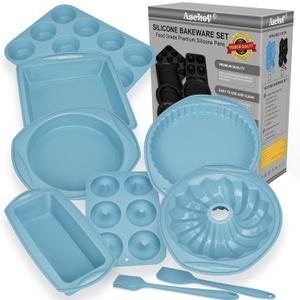 9in1 Nonstick Silicone Baking Bundt Cake Pan Cookie Sheet Molds Tray Heat Resistant Bakeware Tools Kit for Muffin Loaf Bread Pizza CupcakeUtensil (Sky Blue)