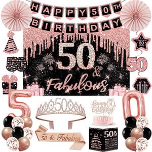 50th Birthday Decorations for Women, 32pcs 50th Birthday Party Decorations, Including Backdrop, Crown, Sash, banner, Hanging Swirl, Cake Topper, balloons, Paper Fans, Anniversary Card and paper fans