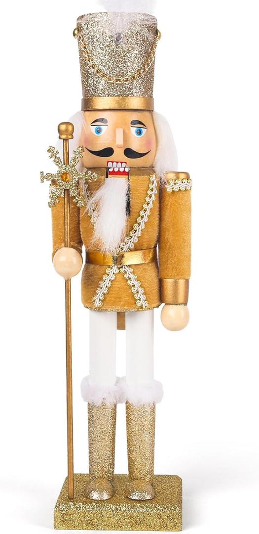LovesTown 12inch Wooden Nutcracker Figure, Christmas Decoration Golden Glitter Nutcracker Soldier Traditional Painted for Christmas Tabletop Decor
