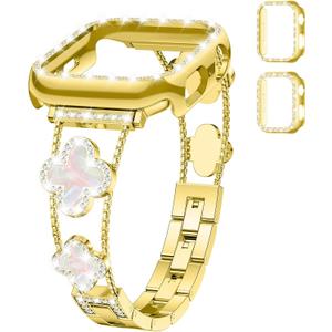 Bling Metal Band and Case for Apple Watch Bands for Women 40mm 41mm 38mm 42mm 44mm 45mm 46mm,Clover Diamond Sparkle Bracelet Dressy Strap with Cover for iWatch Band Series 11 10 9 8 7 6 5 4 SE 3 2 1