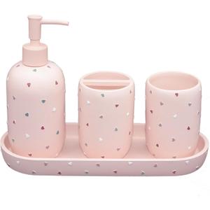 Bathroom Accessories Sets 4-Piece, Premium Pastel Heart Bathroom Accessory Complete Set - Toothbrush Holder, Lotion Soap Dispenser, Vanity Tray, Bathroom Tumbler for Countertop Vanity (Pink)