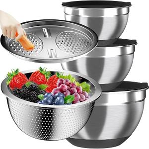 Mixing Bowls with Airtight Lids, Stainless Steel Mixing Bowl Set with 3 Nesting Kitchen Metal Bowls, Colander & Grater, Non-Slip Bottoms, Size 1.5, 2.5, 5 QT, Great for Mixing & Serving, Black