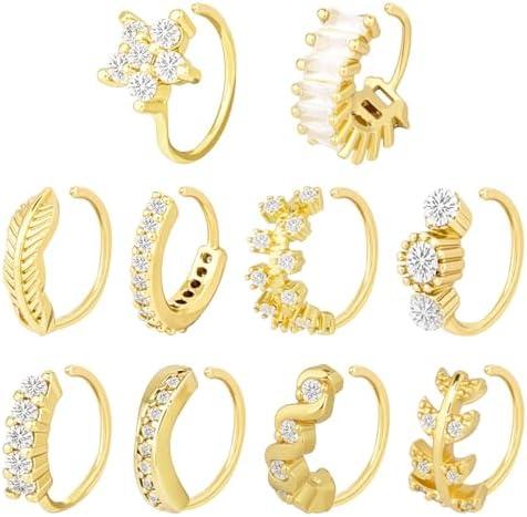 Sumalon Nose Rings Hoops for Women, 10 Pcs Stainless Steel Nose Piercings Paved Gems with Flower Leaves Design for Cartilage Earrings Septum Piercing Jewelry