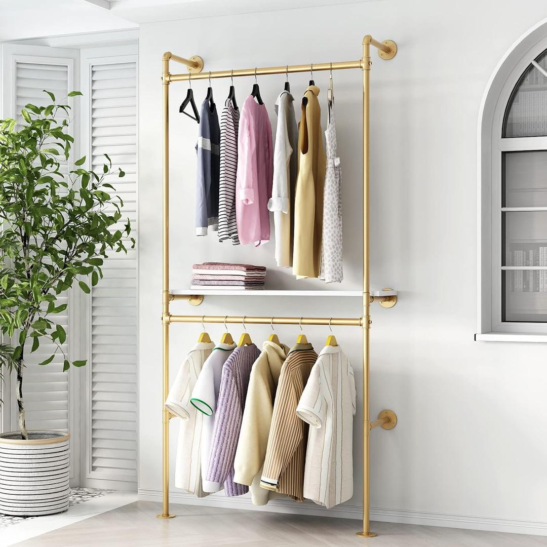 DR.IRON Gold Pipe Clothing Racks with Shelves, Wall Mounted Heavy Duty Gold Clothes Rack with Double Hanging Rods for Hanging Clothes, Laundry Room
