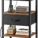 SUPERJARE Nightstand with Charging Station, Bed Side Table with Adjustable Fabric Drawer, Night Stand for Bedroom, 3-Tier Storage End Table, for Living Room, Rustic Brown and Black