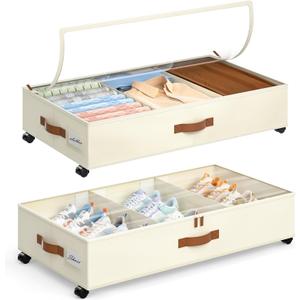 Yecaye Under Bed Storage with Wheels, 2 Pack Under Bed Storage Containers with Adjustable Dividers & Clear Lid, Rolling Underbed Organizer Bins Drawer for Clothes, Shoes, Blankets(30.3 x 16 x 6.7in) (Beige)