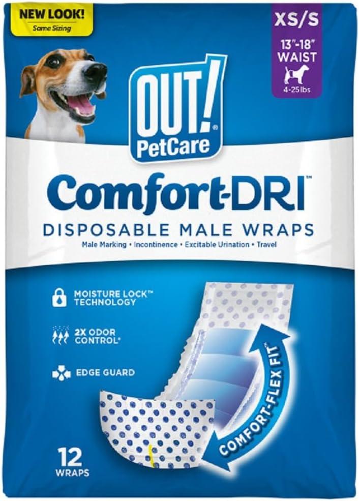 OUT! PetCare Disposable Dog Diapers Male, Puppy Belly Band, Potty Training, Doggie Diapers, Belly Bands for Male Dogs, Puppy Training, Adjustable Fasteners, Incontinence, (XS/S, 12ct)