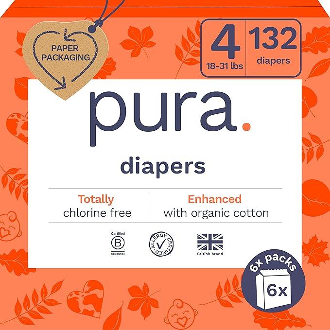 Pura Sensitive Skin Baby Diapers | Size 4 (18-31 lbs) | Hypoallergenic, Totally Chlorine Free, Fragrance Free, Up to 12-Hour Leak Protection | 3 Packs of 132 (396 Diapers)