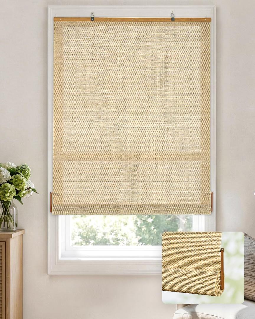 LazBlinds Manual Roll-up Bamboo Blinds, 27" W x 72" H, Star-Beige | Easy Install Roller Shades for Windows, Hook-On Light Filtering Bamboo Shades for Interior Indoor Windows