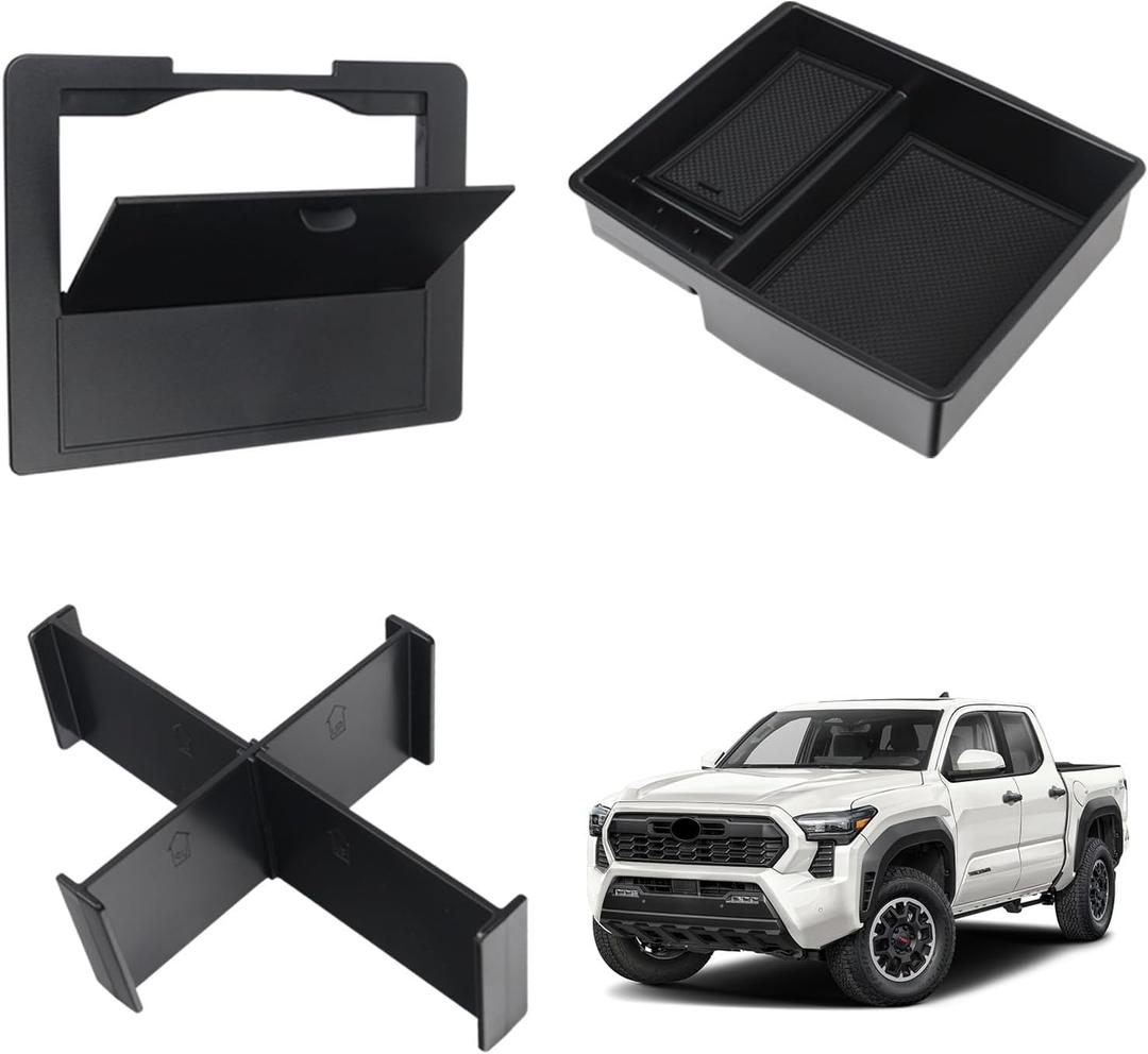 3PCS Center Console Organizer for Toyota Tacoma 2024 2025 2026,Center Console Hidden Box for Toyota Tacoma Accessories,Armrest Hidden Storage Box and Dividers Organizer
