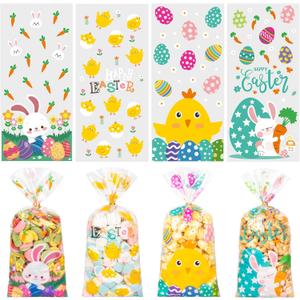 3 x RICEDUO Easter Cellophane Treat Bags, 100 Pieces Clear Cello Gift Bag with Twist Ties, Easter Candy Goodies Bags for Kids Spring Party Favors Supplies
