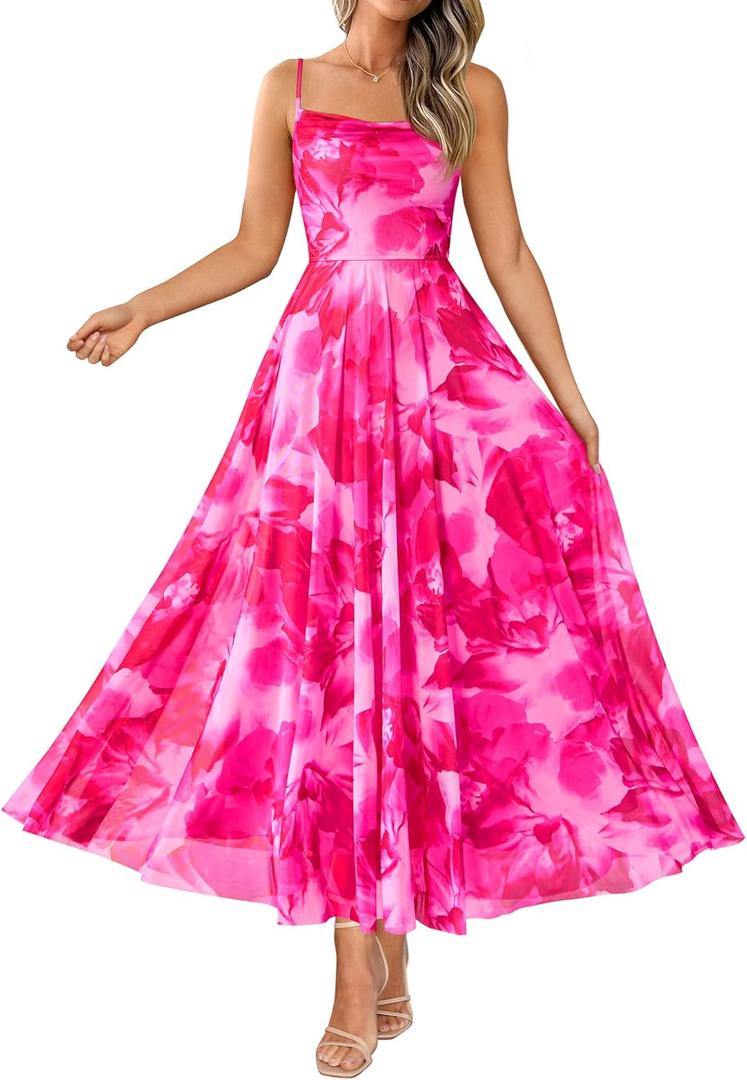 BTFBM Women Summer Floral Maxi Dresses Elegant Spaghetti Strap Dress Printed Party Dress Beach Long Dresses (Floral Pink, Large)