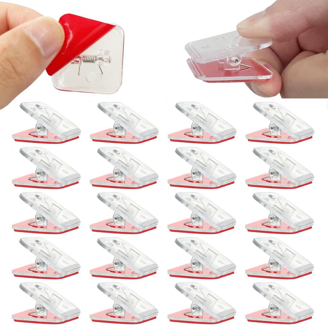 20 Self-Adhesive Wall Clips, Tapestry Hangers & Photo Holders - Double-Sided Adhesive Spring Clips for Posters & Home Office (Clear)