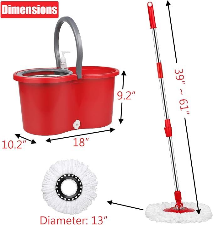 Spin Mop and Bucket with Wringer Set, 3 Mop Heads, 61" Adjustable Handle | 360° Spinning Mop Bucket System with 3 Microfiber Mop Heads & 61" Stainless Steel Adjustable Handle for Floor Cleaning