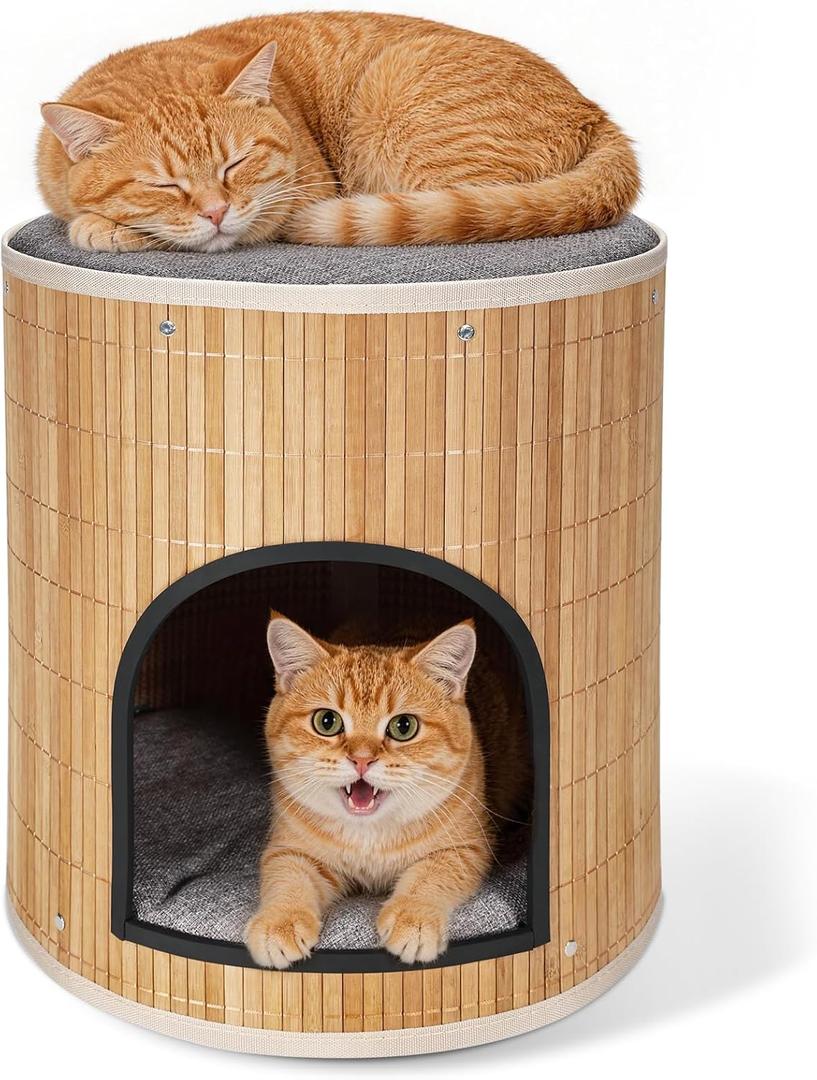 Cat Beds Indoor House, Handwoven Bamboo Cat Cave Pet Cube, Large Cat Houses, 2 Bed Mat, Foldable,Hideaway, 15.9x13.9 Inches, Living Room Bedroom Terrace Home Decoration Natural