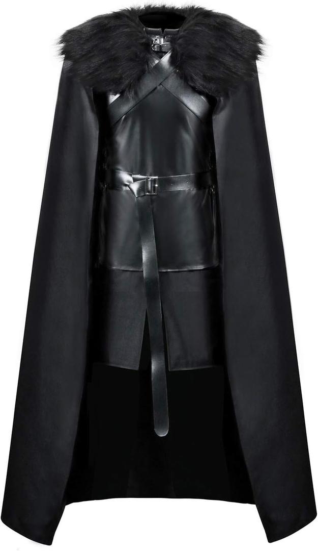 AMNPOLEN Jon Snow Knights Watch Costume Cloak Adult Men Thrones Halloween Cosplay Medieval Black PU Full Party Cape Outfit (XX-Large)