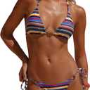 MakeMeChic Women's Striped Triangle Thong Micro Bikini Sets Halter Swimsuits Bathing Suit (S)