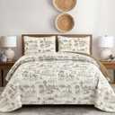 Drucon Khaki Quilt Set King Size, Toile Farmhouse Bedspreads, 3 Pieces Rustic Village Landscape Printed Coverlet, Soft Microfiber Quilt Bedding Set for All Season (106x90 Inch)