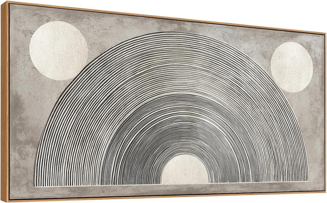 Framed Canvas Wall Art, Abstract Geometric Circles and Lines Gray and Cream Modern Minimalist Neutral Wall Decor Canvas Print Artwork Home Decor 30 x 58 Inch
