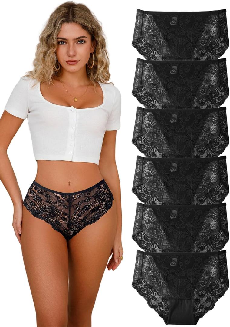 High Waisted Underwear for Women Lace Briefs Curvy Silky French Cut Panties Multipack (2X, 6pcs-black*6)