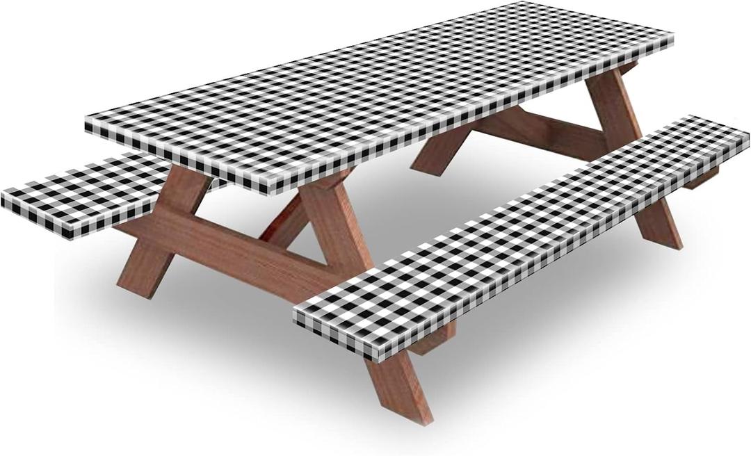 KENOBEE 8.5ft Picnic Table and Bench Cover, Camping Essentials RV Gear, 102 in Waterproof Windproof Outdoor Elastic All Around Tablecloth, Fitted Rectangle Tables and Seats, Black-White Checkered