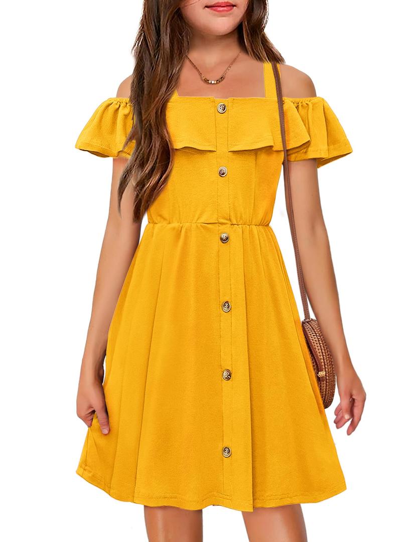 Arshiner Girl's Dresses Cute Spaghetti Strap Button Front Summer Party A-Line Dress Mustard 6-7 Years