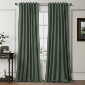 BOODII Full Blackout Curtains 90 Inches Long Room Darkening Curtain for Bedroom Sliding Door Thermal Insulated Black Out Curtains & Drapes Olive Green Linen Curtain 2 Panels Set Back Tab Loden 52x90