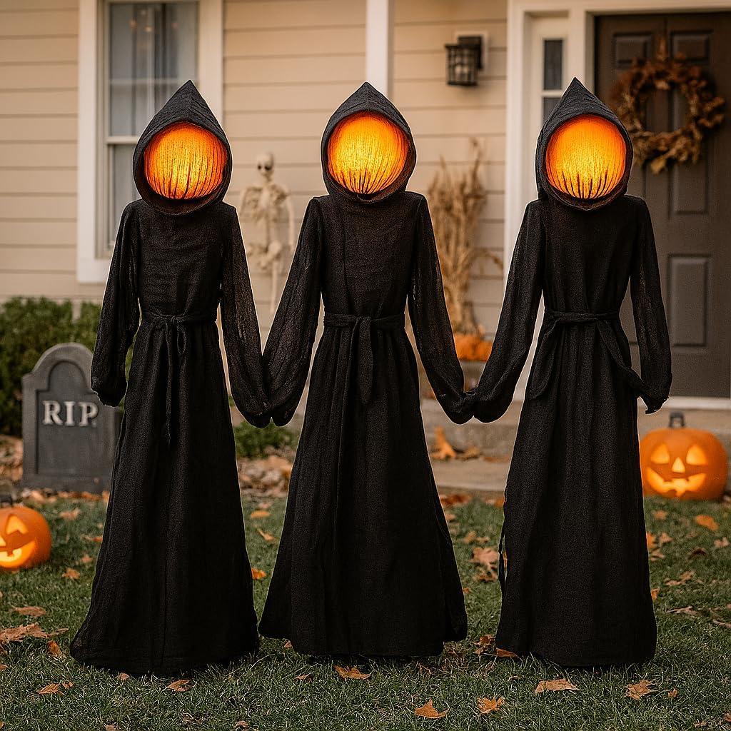 Evergreen Set of 3 LED Black Halloween Grim Reaper Stakes | 4 Feet Tall | Weatherproof Battery Operated | Spooky Garden Statue Outdoor Decoration Grass Lawn or Patio
