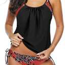 Zando Bathing Suit for Women Tankini Swimsuit for Women Crewneck Two Piece Bathing Suit Tummy Control Tankini Top with Shorts (12-14, Red Print Black Floral)