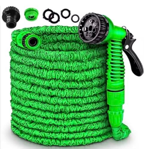 Outdoor Garden Water Hose  [JAZZZON] Lightweight, flexible, and durable Magic Garden Water Hose  Expandable 3X Flexible Polyester with 7 Nozzle Function, Color Green