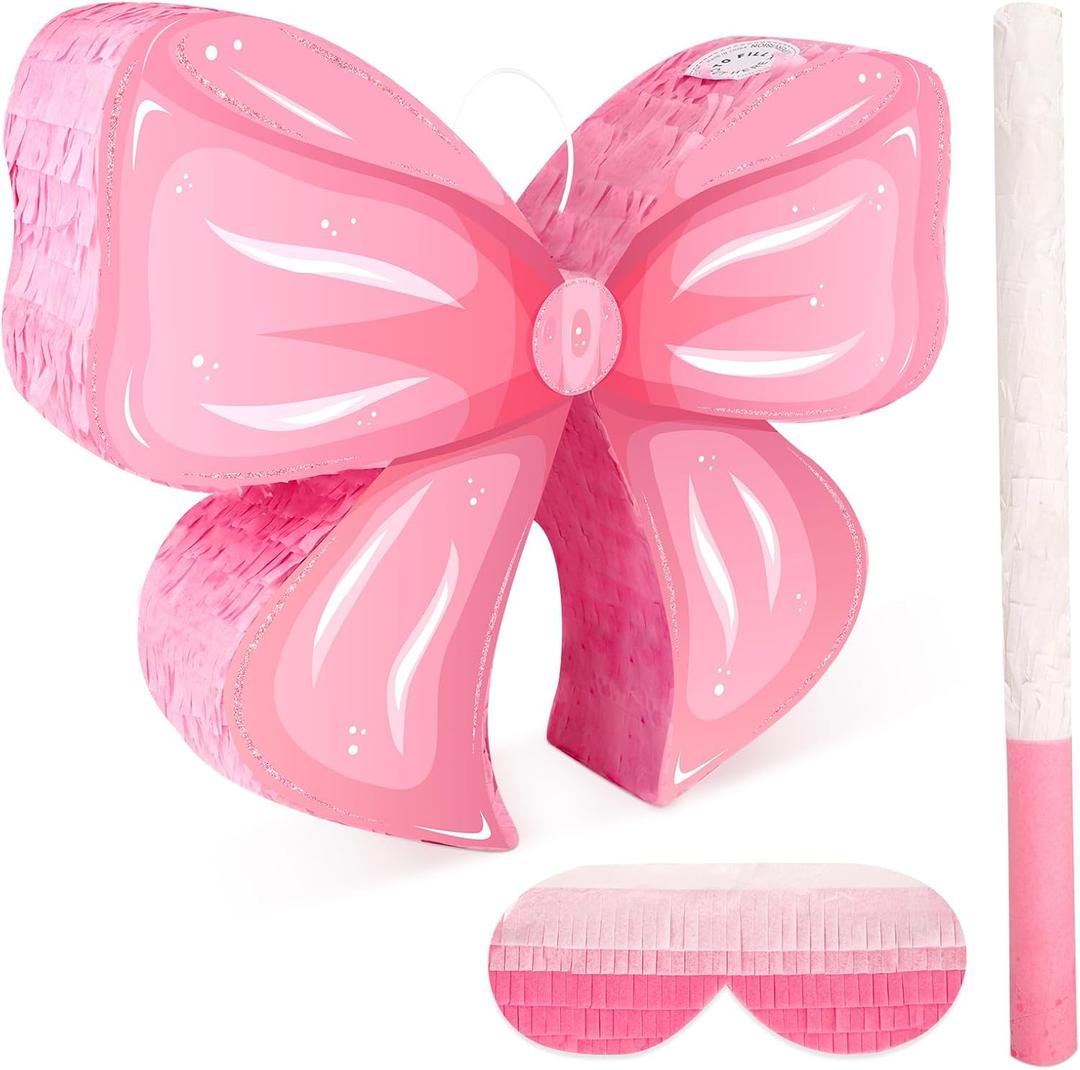 Hooqict Pink Bow Pinata with Blindfold and Bat Stick Pink Girls Pinata for Birthday Party Girls Kids Bow Birthday Party Supplies Decorations (Small Size 16"x13"x3")