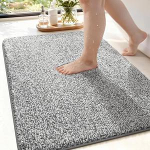 ISEAU Bathroom Rugs 24x17, Super Absorbent Microfiber Bath Mat, Non-Slip Shower Rug with TPR Backing, Thick Plush Machine Washable Bathtub Carpet for Bathrooms Decor, Light Grey/White